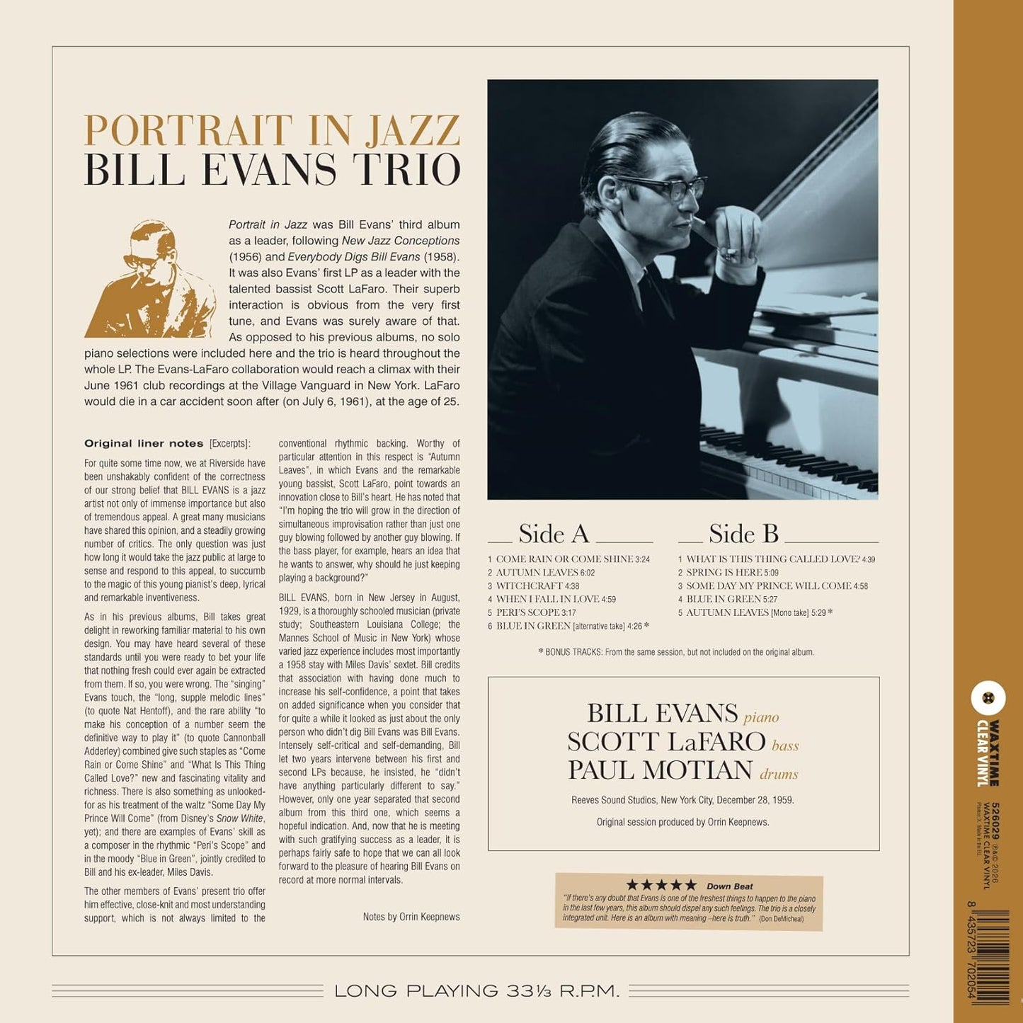 Bill Evans Trio | Portrait In Jazz (Limited Edition, 180 Gram Crystal Clear Vinyl with Bonus Tracks) [Import] - Vinyl