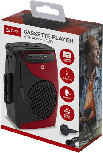 Jensen | GPX CAS337 Portable Cassette Player with AM/FM Radio/Voice Record (Red, Black, Cassette Player) - Cassette Player