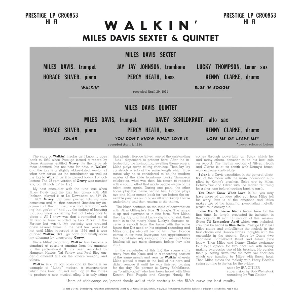 Miles Davis All Stars | Walkin' (Original Jazz Classics Series) (180 Gram Vinyl) - Vinyl