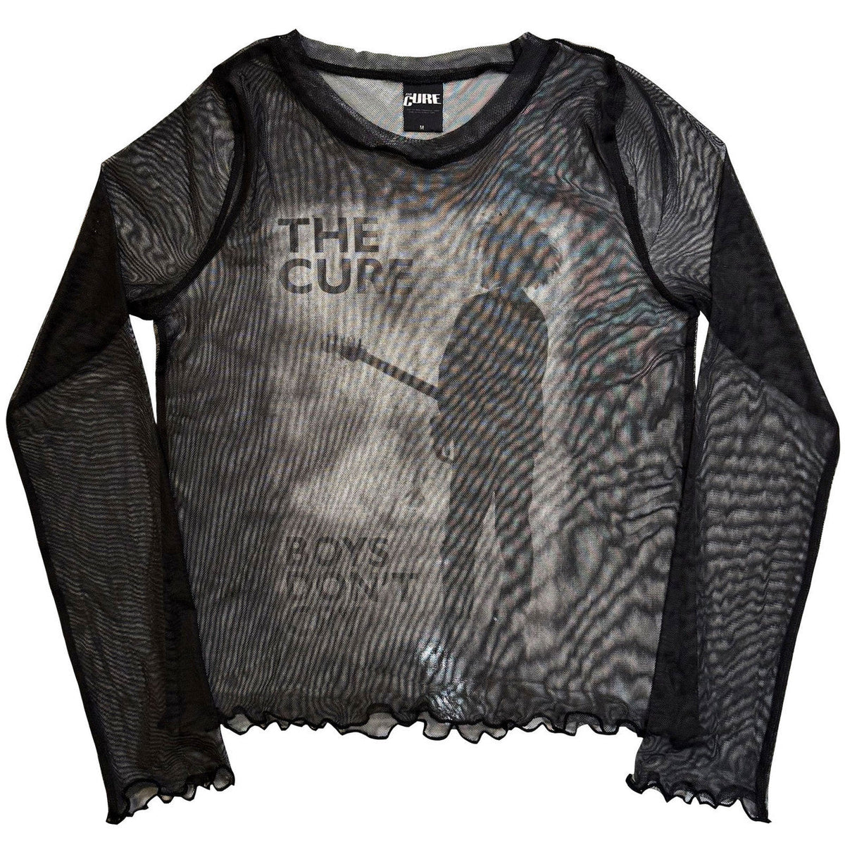 The Cure | Boys Don't Cry B&W Ladies Long Sleeve Mesh Crop Top (Black) - Apparel
